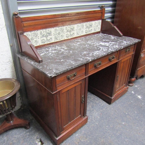 62 - Antique Mahogany Marble Top Side Stand Tiled Back Three Drawers Above Twin Pedestal Base Approximate... 