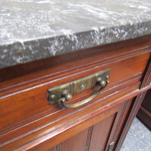 62 - Antique Mahogany Marble Top Side Stand Tiled Back Three Drawers Above Twin Pedestal Base Approximate... 