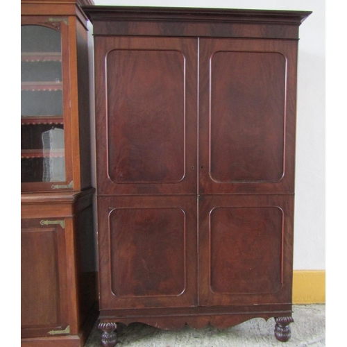 64 - Irish William IV Figured Mahogany Twin Door Linen Press Well Carved Supports Approximately 50 Inches... 