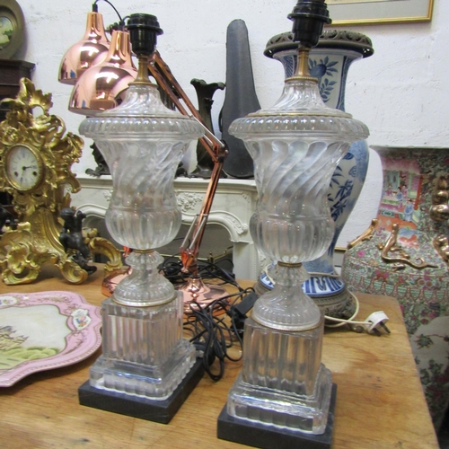 Pair of Crystal Pedestal Form Table Lamps Attractively Detailed Ormolu Mounts Electrified Working Order Each Approximately 25 Inches High