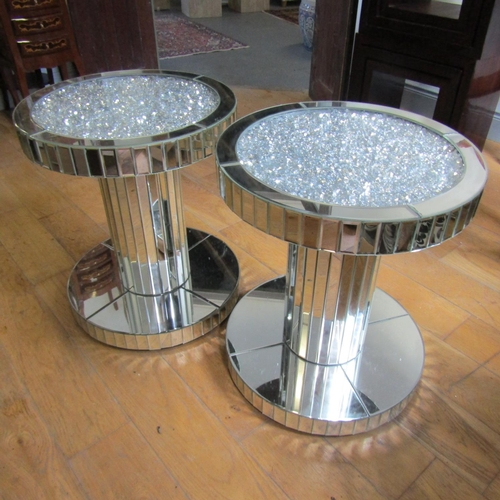 Pair of Mirrored and Silver Gilt Decorated Glass Top Circular Form Occasional Tables Each Approximately 20 Inches Diameter x 24 Inches High