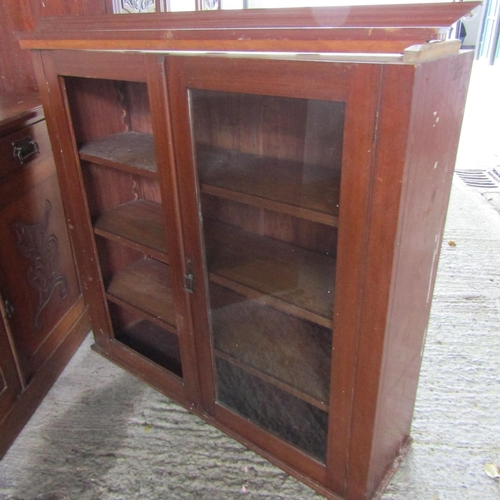 67 - Antique Mahogany Two Door Bookcase One Glass Panel Broken For Repair Upper Pediment Side Parts Lacki... 