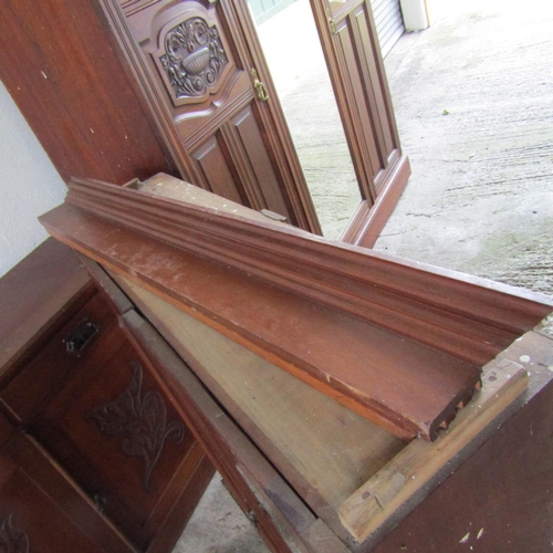 67 - Antique Mahogany Two Door Bookcase One Glass Panel Broken For Repair Upper Pediment Side Parts Lacki... 