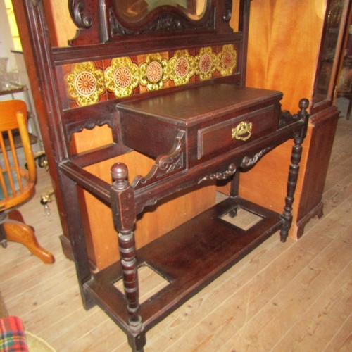 70 - Victorian Mahogany Mirrored Back Hallstand Tiled Frieze Brass Hooks Approximately 4ft Wide x 7ft Hig... 