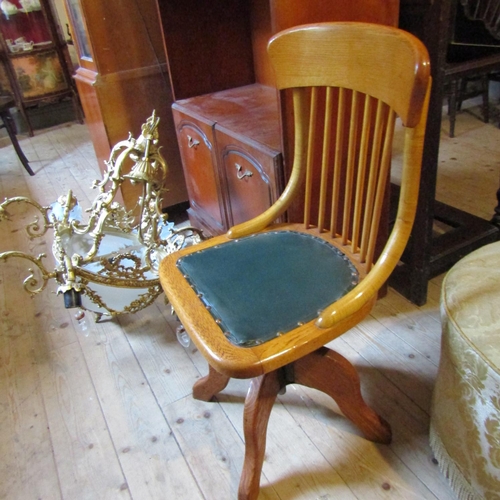 75 - Antique Office Chair Green Leather Seat by TR Scott and Co Stamped Verso Swivel Base Working Order