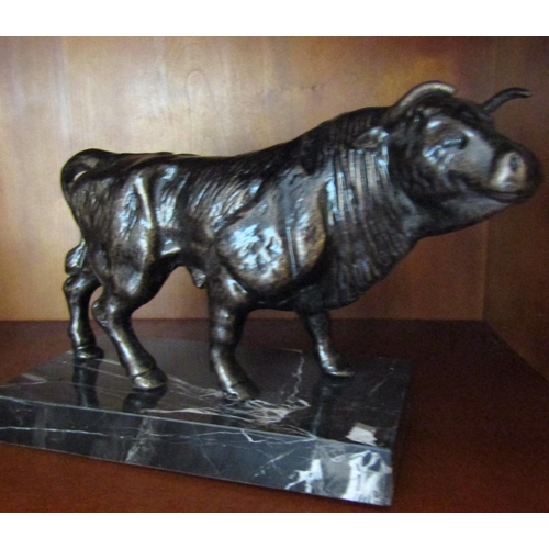 78 - Sculpture of Bull Mounted on Rectangular Form Marble Base Approximately Ten Inches Wide