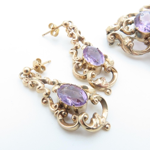 1 - Antique Victorian Amethyst Set Brooch and Pair of Matching Earrings Mounted in 9 Carat Yellow Gold O... 