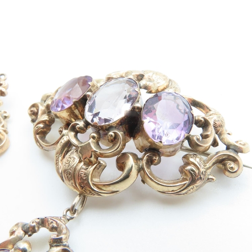 1 - Antique Victorian Amethyst Set Brooch and Pair of Matching Earrings Mounted in 9 Carat Yellow Gold O... 