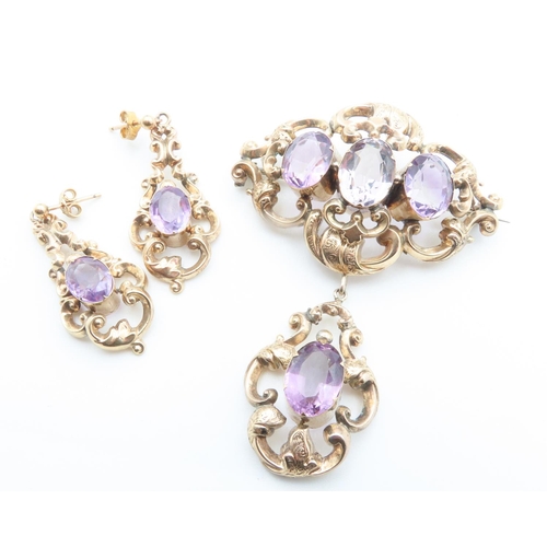 1 - Antique Victorian Amethyst Set Brooch and Pair of Matching Earrings Mounted in 9 Carat Yellow Gold O... 