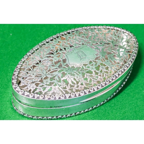 Silver Oval Form Box Hinged Cover Filigree Decorated Approximately 6 Inches Wide