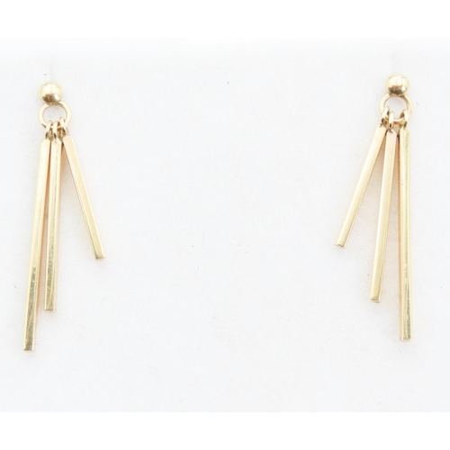 101 - Pair of 9 Carat Yellow Gold Three Bar Drop Earrings Each 3cm Drop