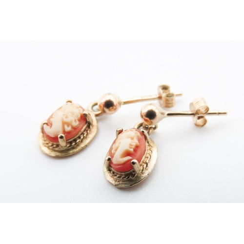 102 - Pair of Four Claw Set 9 Carat Gold Cameo Mounted Drop Earrings Each 1.5cm Drop