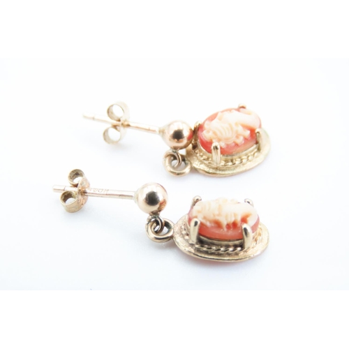 102 - Pair of Four Claw Set 9 Carat Gold Cameo Mounted Drop Earrings Each 1.5cm Drop