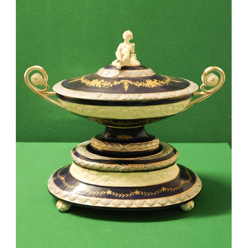 French Porcelain Tureen with Upper Figural Motif Decoration Twin Side Carry Handles Dark Navy Ground with Gilded Highlights Good Original Condition Approximately 50 cm Wide x 45 cm High
