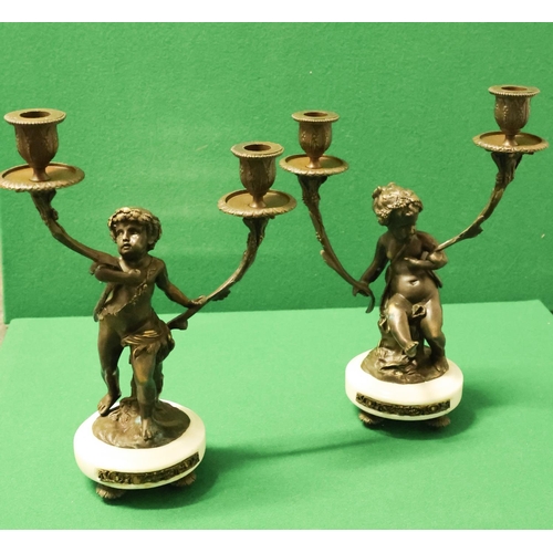 Pair of Twin Sconce Bronze Table Candelabras Cherub Motif Central Supports Each Approximately 28 cm High x 24 cm Wide