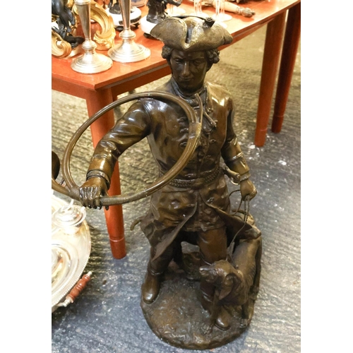 Large Bronze Sculpture Huntsman with Hound and Hunting Horn Approximately 87 cm High Finely Detailed Signed to Base