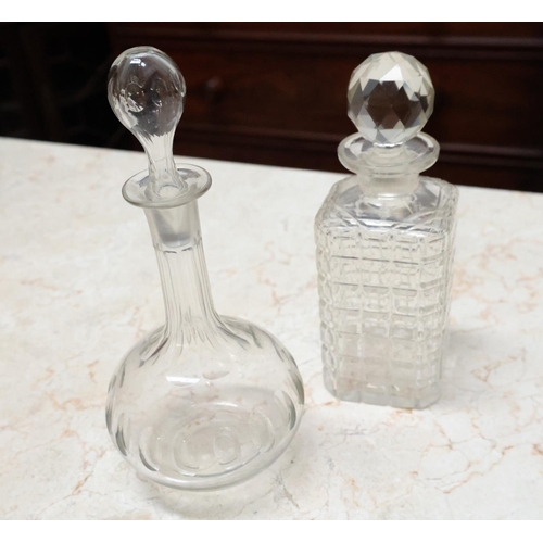 Two Irish Cut Crystal Decanters with Stoppers and Set of Four Wine Goblet Glasses Six Pieces in Lot