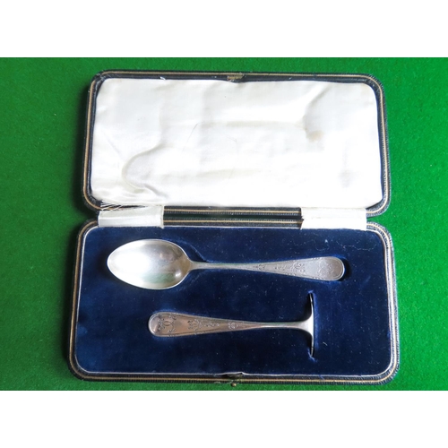 Silver Christening Spoon and Baby's Push Contained Within Original Presentation Box
