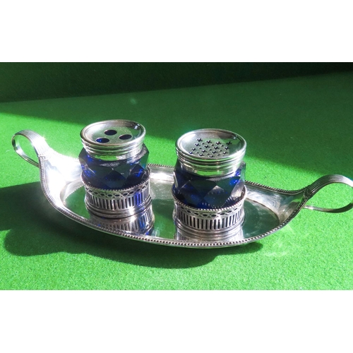 Early Silver Plate Boat Form Desk Set Quill Rest and Blotter Complete Facet Cut Bristol Blue and Glass Jars Base Approximately 22 cm Wide