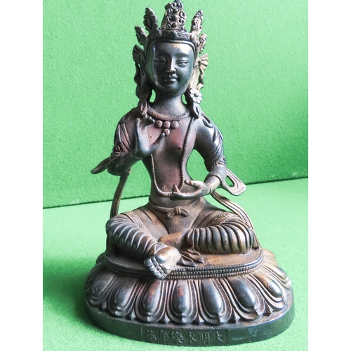 Eastern Bronze Figure Seated Deity Lotus Position Signed with Characters to Base Approximately 26 cm High