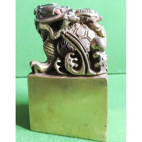 Chinese Bronze Scroll Rest Tortoise Figure Atop Signed Characters to Base