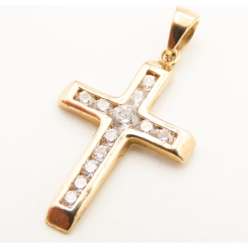 113 - Twelve Stone Diamond Cross Pendant set in 9 Carat Yellow Gold 2cm High Further Set on 9 Carat Yellow... 