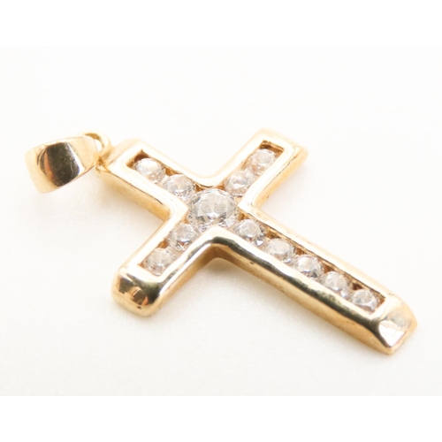 113 - Twelve Stone Diamond Cross Pendant set in 9 Carat Yellow Gold 2cm High Further Set on 9 Carat Yellow... 