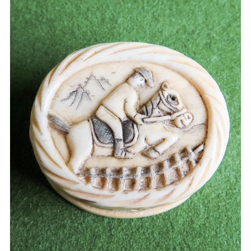 Carved Bone Snuff Box Equine Motif Decoration Latticework Frieze Approximately 6 cm Wide