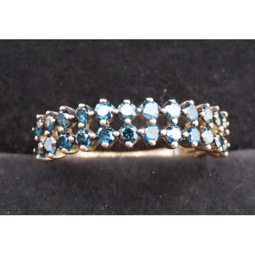 120 - Twin Row Blue Diamond Ring Mounted on 10 Carat Yellow Gold Band Size P and a Half