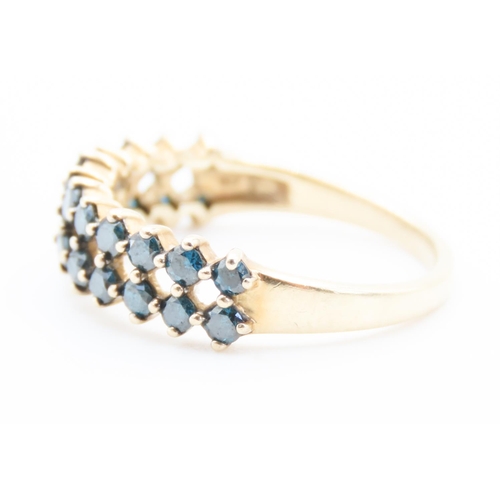 120 - Twin Row Blue Diamond Ring Mounted on 10 Carat Yellow Gold Band Size P and a Half