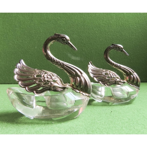 Pair of Silver Mounted Swan Motif Cut Crystal Table Cruets Each Approximately 10 cm High x 9 cm Wide