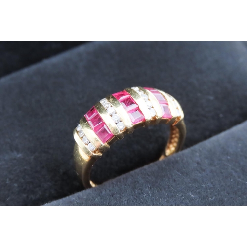 122 - Ruby and Diamond  Bar Set Ladies Ring Mounted on 18 Carat Yellow Gold Band Ring Size O