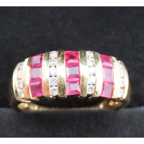 122 - Ruby and Diamond  Bar Set Ladies Ring Mounted on 18 Carat Yellow Gold Band Ring Size O