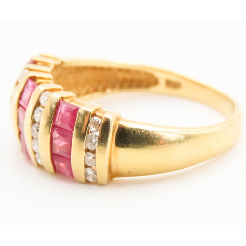 122 - Ruby and Diamond  Bar Set Ladies Ring Mounted on 18 Carat Yellow Gold Band Ring Size O