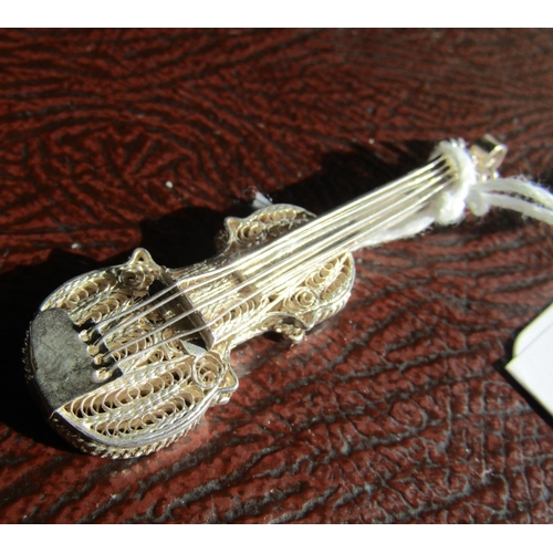 Silver Violin Novelty Form Approximately 5 cm High Finely Detailed Throughout with Silver Strings