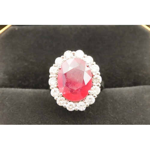 124 - Ruby and Fourteen Diamond Set Ladies Cluster Ring Set in Platinum Further Mounted on Platinum Band F... 