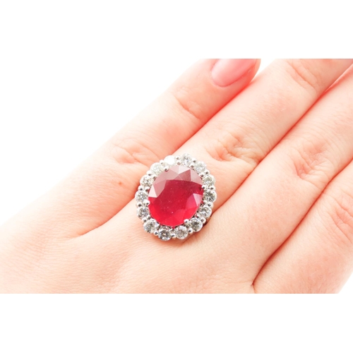 124 - Ruby and Fourteen Diamond Set Ladies Cluster Ring Set in Platinum Further Mounted on Platinum Band F... 