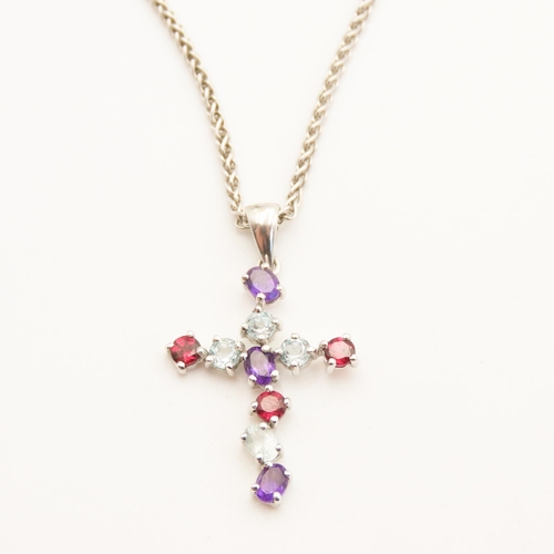 126 - Ruby Amethyst and Aquamarine Set 9 Carat Gold Crucifix Motif Pendant 4cm High Approximately Mounted ... 