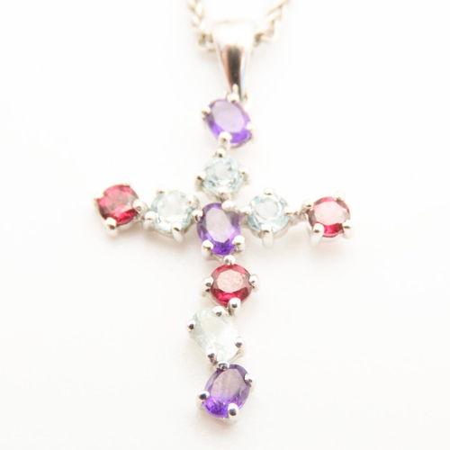 126 - Ruby Amethyst and Aquamarine Set 9 Carat Gold Crucifix Motif Pendant 4cm High Approximately Mounted ... 