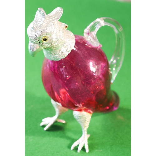 Ruby Crystal Spirit Decanter Chickadee Motif Decoration Silver Plated Inset Eyes Finely Detailed Approximately 12 cm High