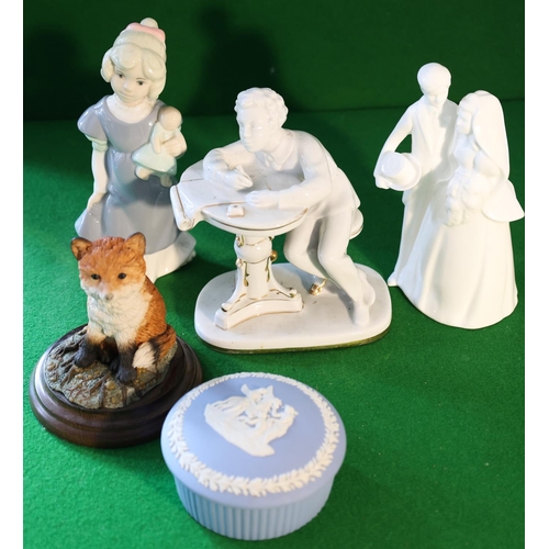 Collection of Various Porcelain Figures Including Counties Fox and Wedgwood Jewellery Box and Cover Five Pieces in Lot