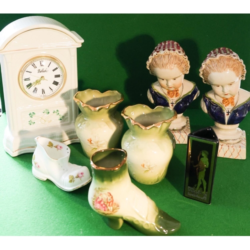 Collection of Various Porcelain Including Belleek Table Clock, etc. Quantity as Photographed Clock Approximately 20 cm High