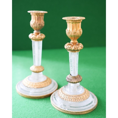 1347 - Pair of Empire Ormolu Mounted Carved Rock Crystal Candlesticks Pedestal Form Each Approximately 20 c... 