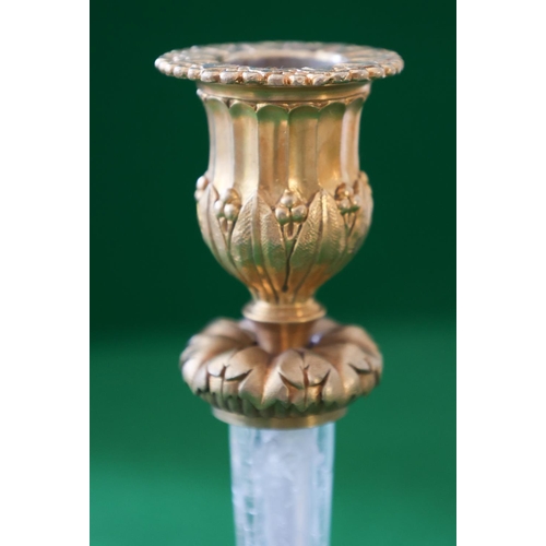 1347 - Pair of Empire Ormolu Mounted Carved Rock Crystal Candlesticks Pedestal Form Each Approximately 20 c... 