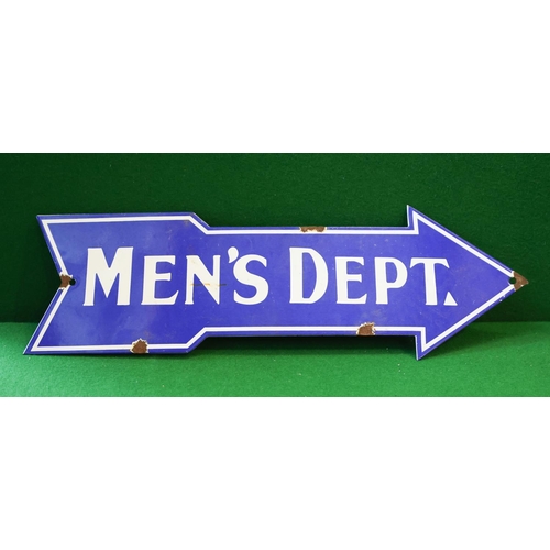 Men's Department Shop Sign Enamel on Tin Shaped Arrow Form Approximately 38 cm Wide