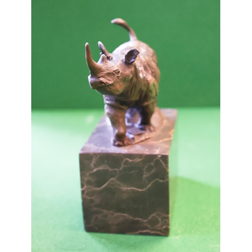 1353 - Bronze Sculpture Rhinoceros Mounted on Rectangular Form Marble Base Approximately 22 cm Wide x 20 cm... 