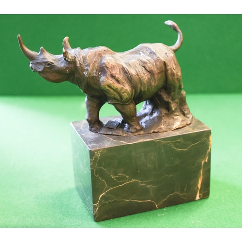 1353 - Bronze Sculpture Rhinoceros Mounted on Rectangular Form Marble Base Approximately 22 cm Wide x 20 cm... 