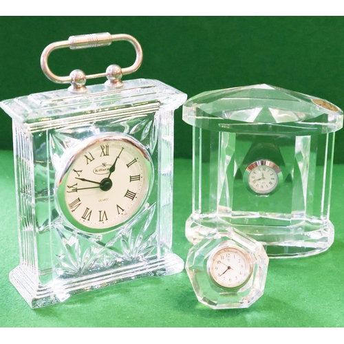 1354 - Three Irish Cut Crystal Table Clocks Largest Approximately 16 cm High x  12 cm Wide