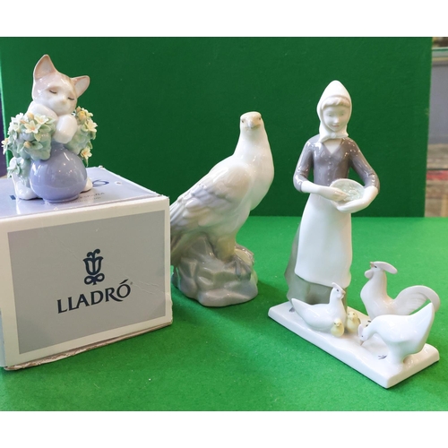 Three Fine Porcelain Continental Figures Including Lladro Figure of Cat with Original Presentation Box