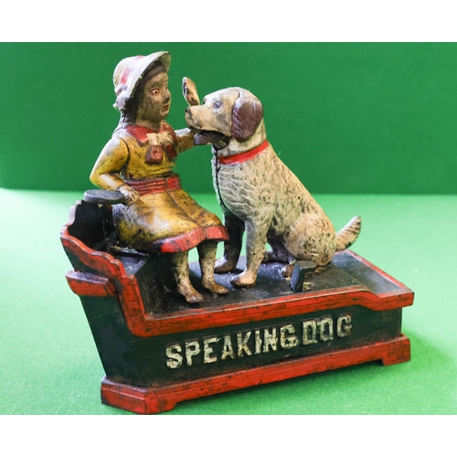 1376 - Novelty Cast Iron Money Box Speaking Dog Approximately 18 cm Wide